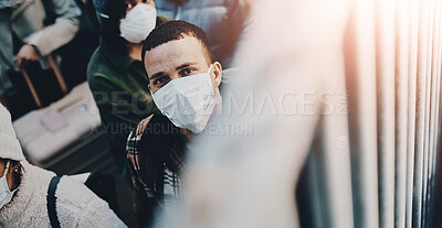 Buy stock photo Man, portrait and face mask for virus, travel and healthcare safety with disease prevention in airport. Male person, people and global pandemic with trip for crisis, medical compliance and wellness