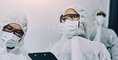 Buy stock photo Healthcare, group and scientist in hospital, PPE and infection control for virus, mpox and contamination. Clinic, medical professional and protection of suit, people and collaboration for vaccine