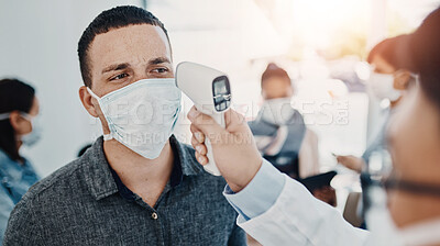 Buy stock photo People, thermometer and mask for virus, pandemic and health safety with disease prevention regulation. Man, sick and temperature for policy, medical compliance and wellness with healthcare worker