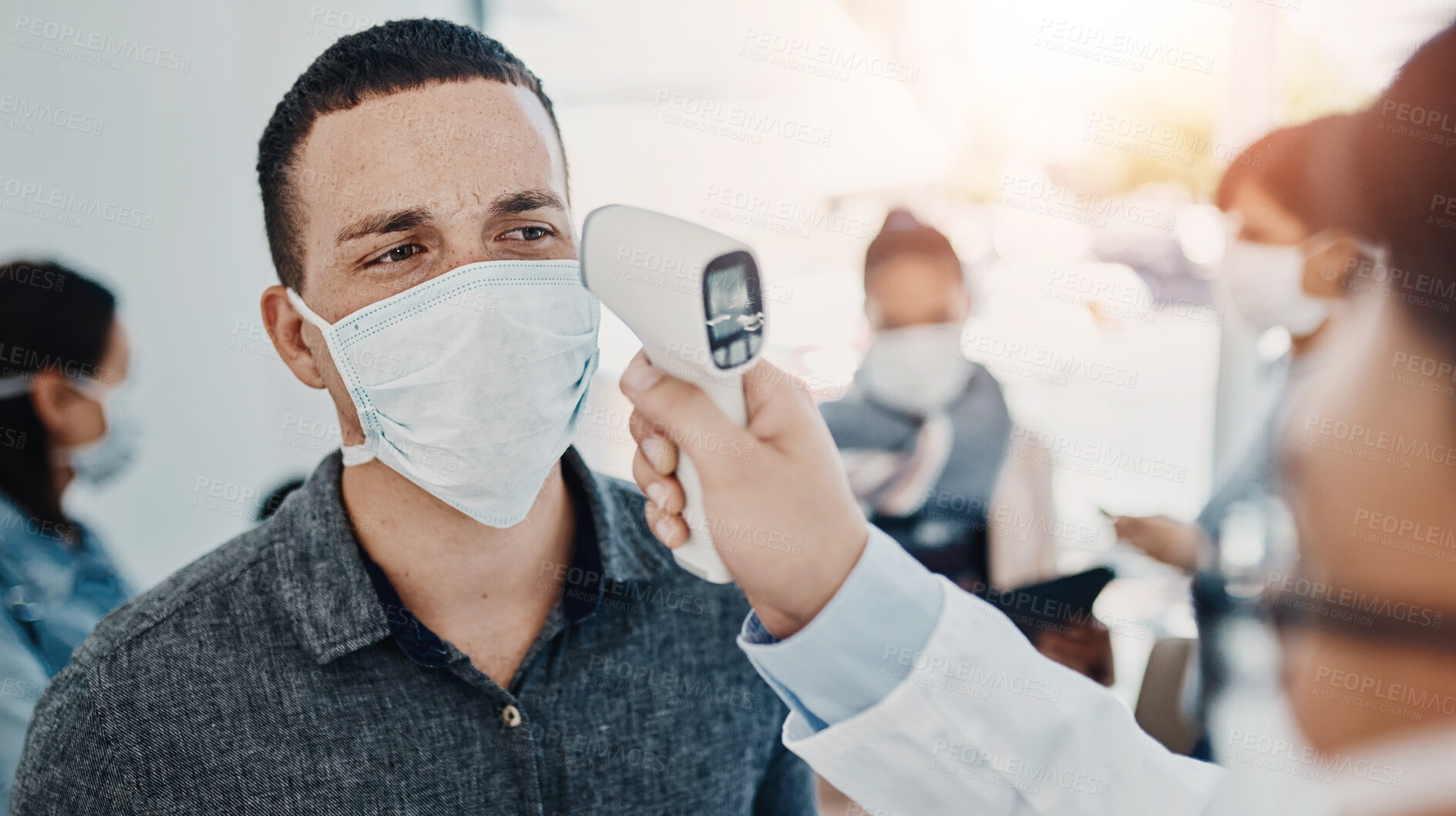 Buy stock photo People, thermometer and mask for virus, pandemic and health safety with disease prevention regulation. Man, sick and temperature for policy, medical compliance and wellness with healthcare worker