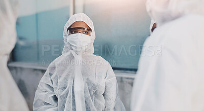 Buy stock photo Healthcare, person with team and PPE in hospital, face mask and infection control for virus, mpox and contamination. Clinic, medical professional and protection suit with collaboration for vaccine 