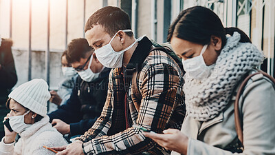 Buy stock photo People, phone and mask in city for travel, safety or reading pandemic news on internet. Tourists, PPE or mobile at building for social media, covid 19 information and commuting schedule or connection