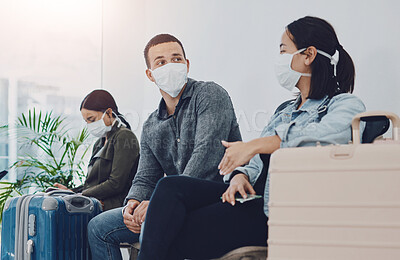 Buy stock photo People, airport and face mask for protection, safety and PPE compliance of airline policy with post covid. Group in waiting room with luggage, suitcase and travel protocol for immigration in USA