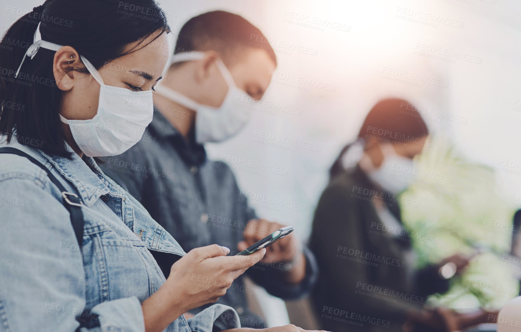 Buy stock photo Woman, phone and mask in airport for travel, safety and reading pandemic news on internet. People, PPE and mobile in terminal for social media, covid 19 information and flight schedule or reminder