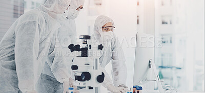 Buy stock photo Healthcare, PPE and scientist in hospital, computer and infection control for virus, mpox and contamination. Lab, medical research and protection of suit, people and collaboration for vaccine