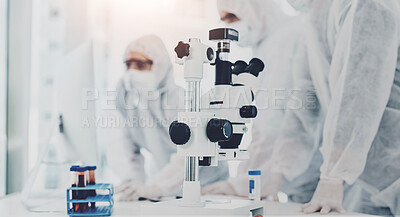 Buy stock photo Healthcare, group and blood sample in hospital, microscope and infection control for virus, mpox and contamination. Lab, medical research and protection of suit, people and experimental with vaccine