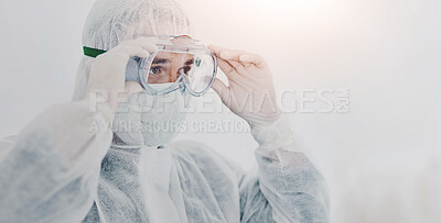 Buy stock photo Person, safety and glasses for disaster control with suit, decontamination and procedure. Fog, man and thinking outdoors with PPE, pandemic management and gear for disinfection for prevention