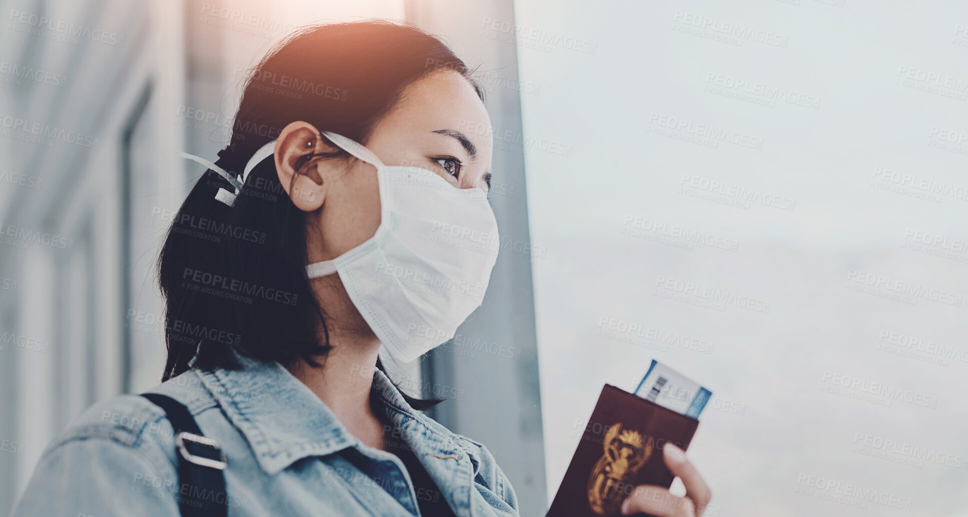 Buy stock photo Woman, thinking and mask in airport for travel, protection and airline covid 19 policy. Immigrant, passport and PPE at window for journey, safety and waiting for flight with Mpox awareness and health