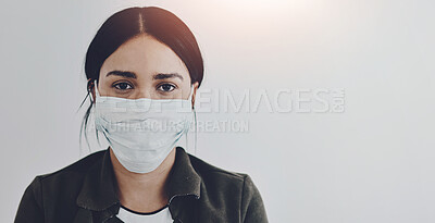 Buy stock photo Woman, portrait and face mask for sick, virus and healthcare safety with disease prevention regulation. Female person, pandemic and facial cover for health, medical compliance and wellness with mpox