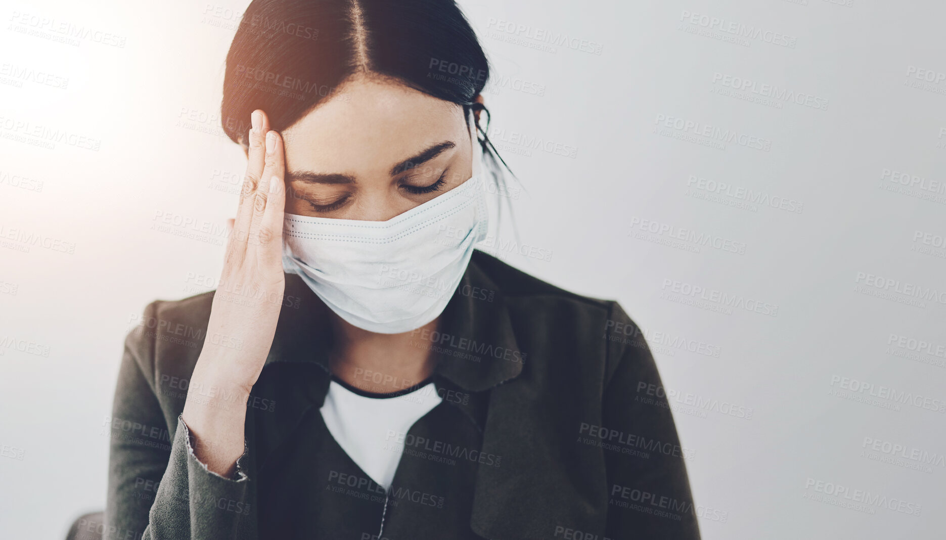 Buy stock photo Headache, mask and pandemic with woman in studio on gray wall background for isolation or safety. Control, disease and stress with person on mockup space for prevention of monkeypox outbreak