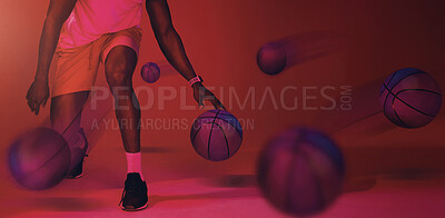 Buy stock photo Basketball, hands and legs of person on red background, in studio for exercise, fitness or sports. Art deco, balls and bouncing with player on court for challenge, competition or performance