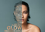 Woman, beauty words and portrait with skin wellness text with skincare and cosmetics. Studio, makeup and dermatology writing of treatment routine with grooming and face hygiene with blue background