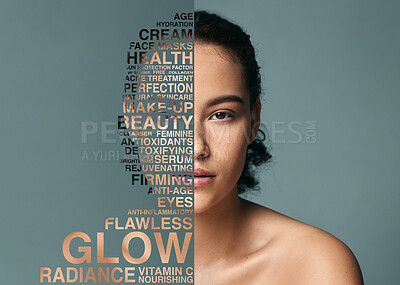 Buy stock photo Woman, beauty words and portrait with skin wellness text with skincare and cosmetics. Studio, makeup and dermatology writing of treatment routine with grooming and face hygiene with blue background