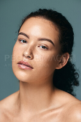 Buy stock photo Beauty, face and portrait of woman in studio for cosmetics, wellness and skincare. Dermatology, grooming and person with natural texture on gray background for acne treatment, facial and vitamin A