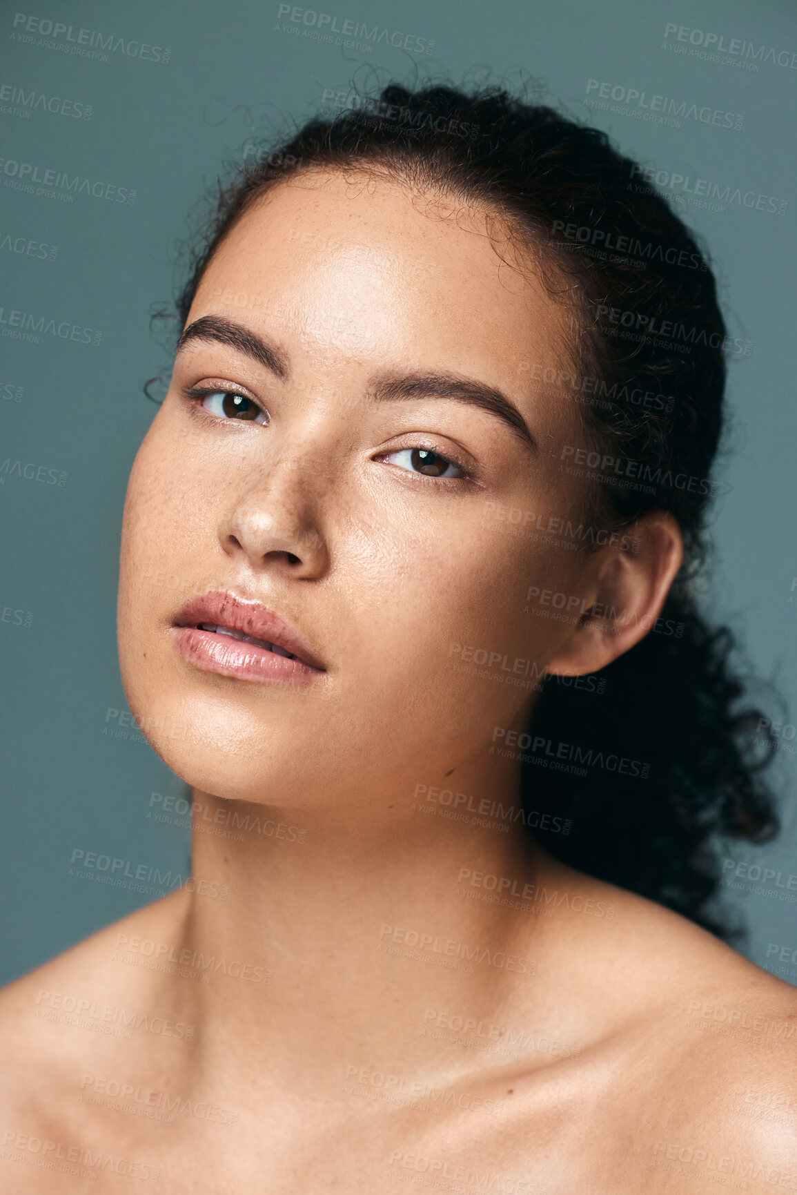 Buy stock photo Beauty, face and portrait of woman in studio for cosmetics, wellness and skincare. Dermatology, grooming and person with natural texture on gray background for acne treatment, facial and vitamin A