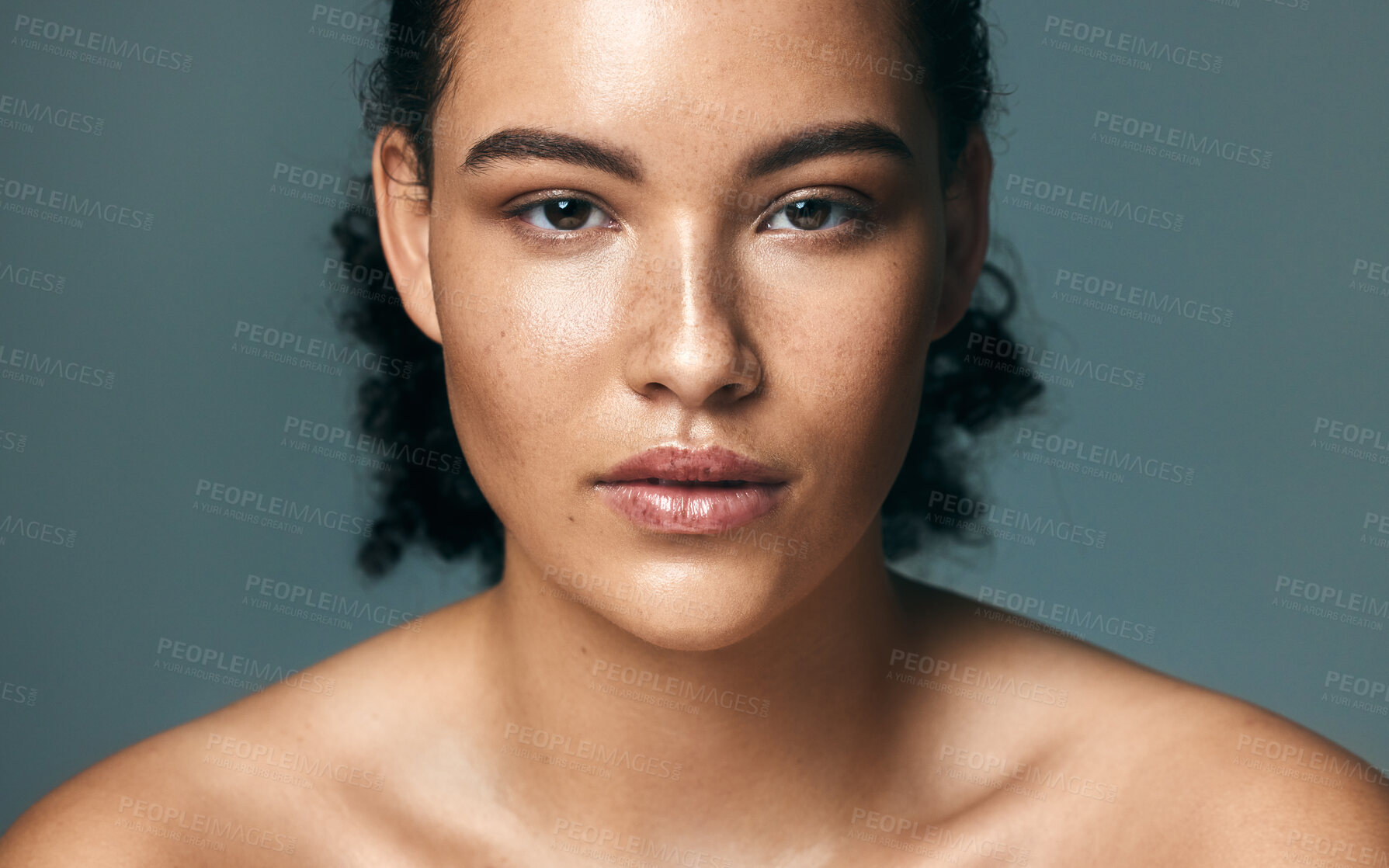 Buy stock photo Skincare, portrait and woman in studio for beauty, wellness and acne treatment, progress or results on blue background,  Face, skin and girl model with melasma, pigmentation and cosmetics for pimples