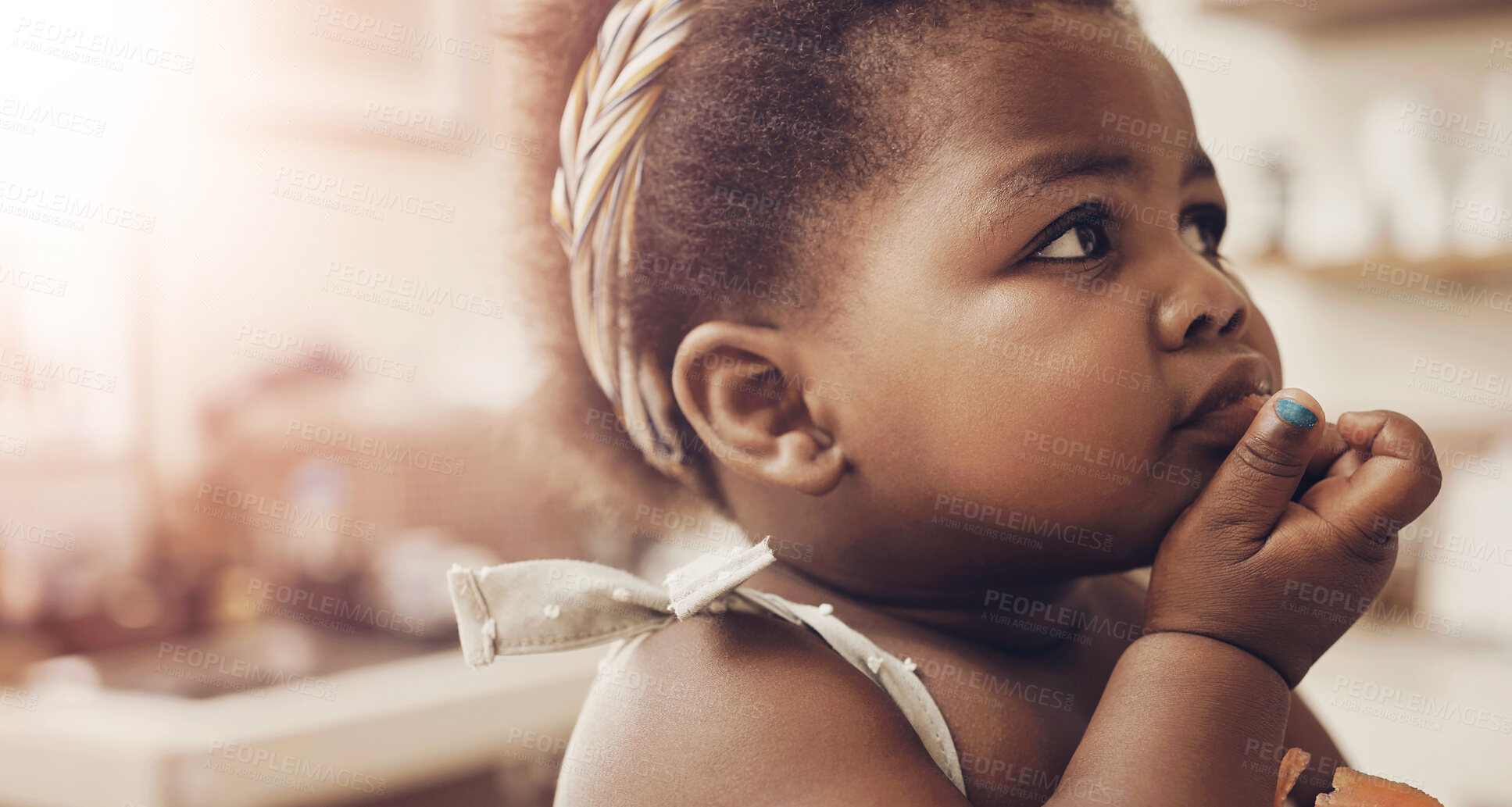 Buy stock photo House, lens flare and black girl with thought, thinking and contemplation. Childhood, kid and toddler with inspiration, daydreaming and wonder with ponder, calm and relax with rest and peaceful