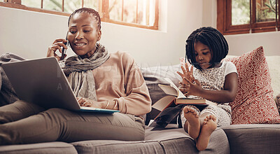 Buy stock photo Family, child and mother with phone call for remote work on sofa with productivity, consulting client and freelancing. Black people, woman and girl reading a book in home for knowledge and learning