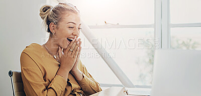 Buy stock photo Remote work from home, surprise and woman with laptop, online reading and email notification. Person, creative and employee with computer, shocked and expression with announcement, prize and reaction