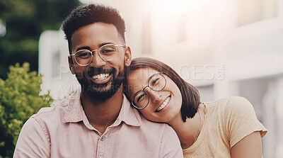 Buy stock photo Portrait, smile and couple in garden, love and bonding together with real estate. Interracial, outdoor and man with woman, hug or happiness with care, trust and moving with relationship or lens flare