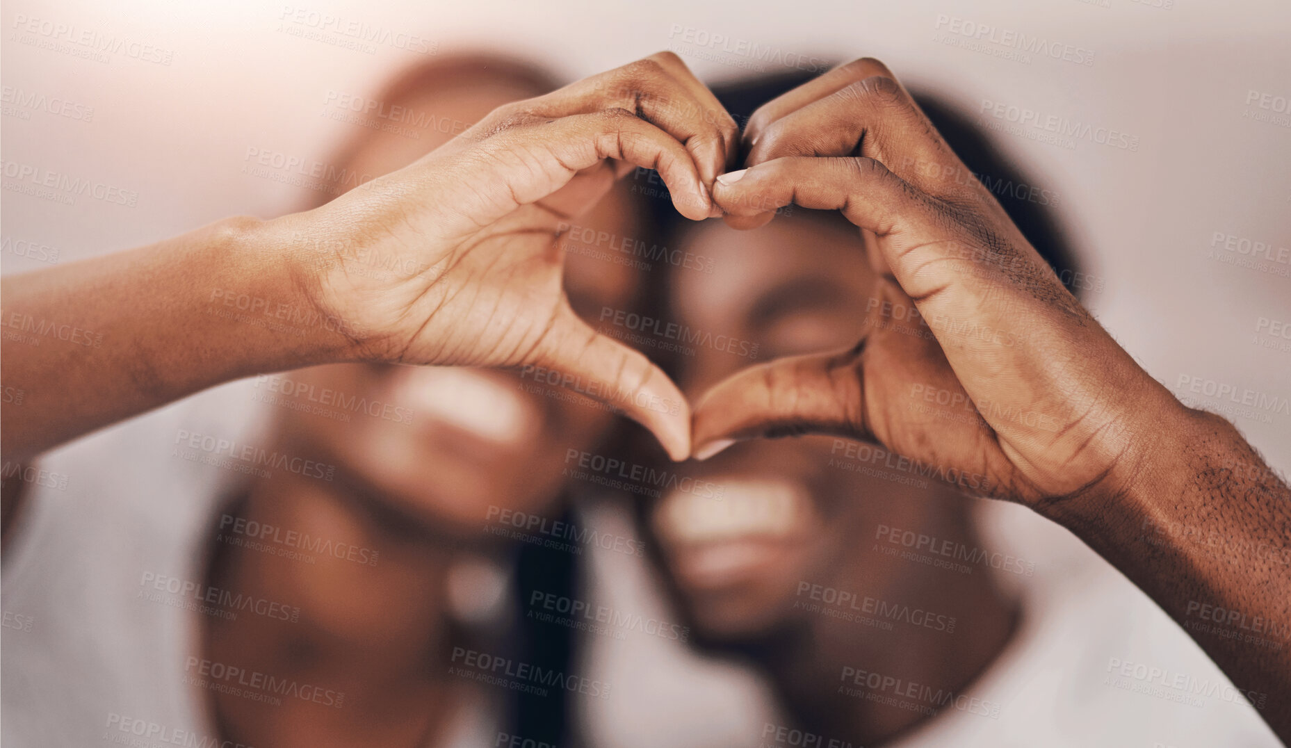 Buy stock photo Heart hands, closeup and black couple with love, sign and relationship with kindness. People, man and woman with symbol, icon and emoji with support, bonding together and romance with marriage or joy