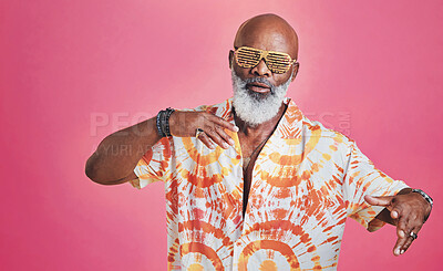 Buy stock photo Sunglasses, fashion or portrait of senior black man in studio with confidence or pride on retirement vacation. Holiday, glasses and cool elderly person in casual style, fun eyewear or pink background