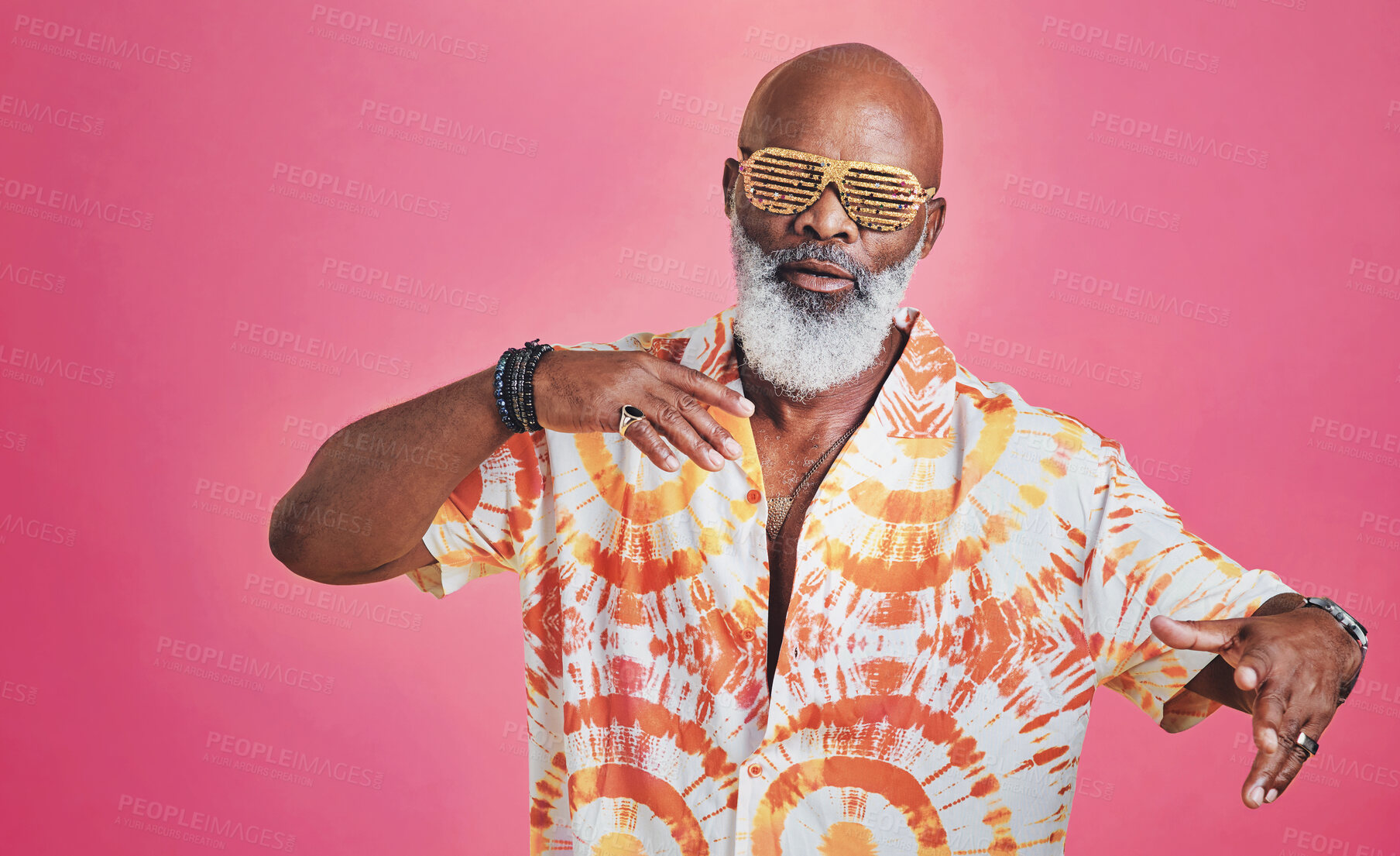 Buy stock photo Sunglasses, fashion or portrait of senior black man in studio with confidence or pride on retirement vacation. Holiday, glasses and cool elderly person in casual style, fun eyewear or pink background