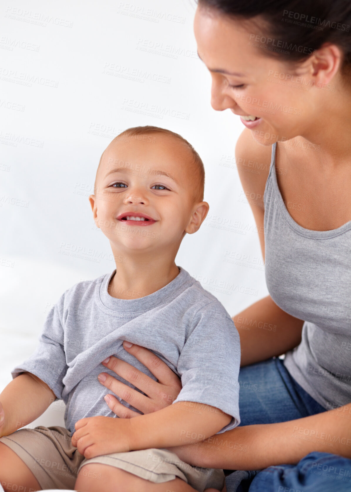 Buy stock photo Mom playing with happy toddler in home with toys, bonding and child care with abacus in morning on bed. Woman, playful baby boy and fun together in bedroom with development, smile and mothers love.