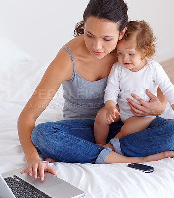 Buy stock photo Laptop, baby and mother in bedroom for remote work, learning or online education in home. Freelancer parent, computer and kid on bed playing with abacus, child care and toddler together with family