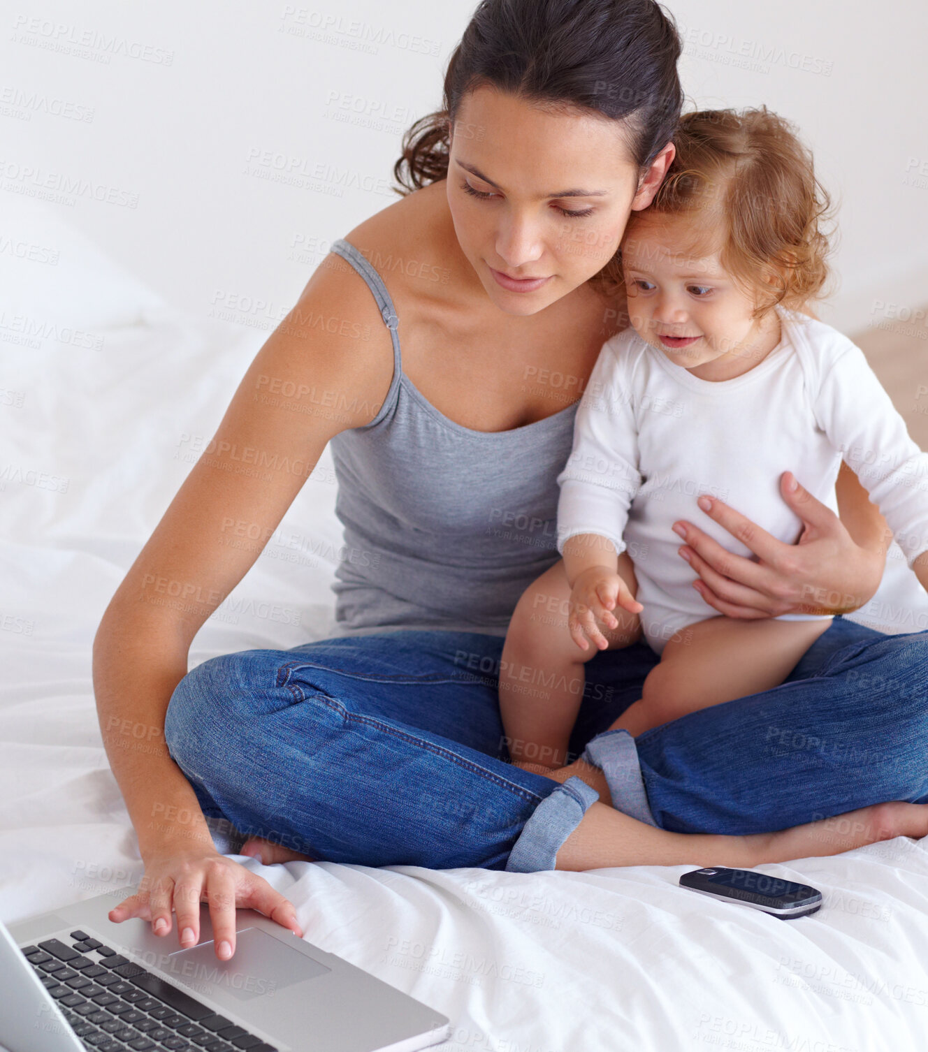 Buy stock photo Laptop, baby and mother in bedroom for remote work, learning or online education in home. Freelancer parent, computer and kid on bed playing with abacus, child care and toddler together with family