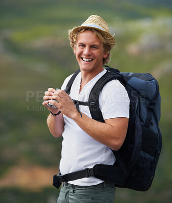 Buy stock photo Happy man, portrait and hiker with binoculars and backpack for sightseeing, outdoor travel or hiking in nature Young male person or tourist with bag or optical instrument for view, scope or explore