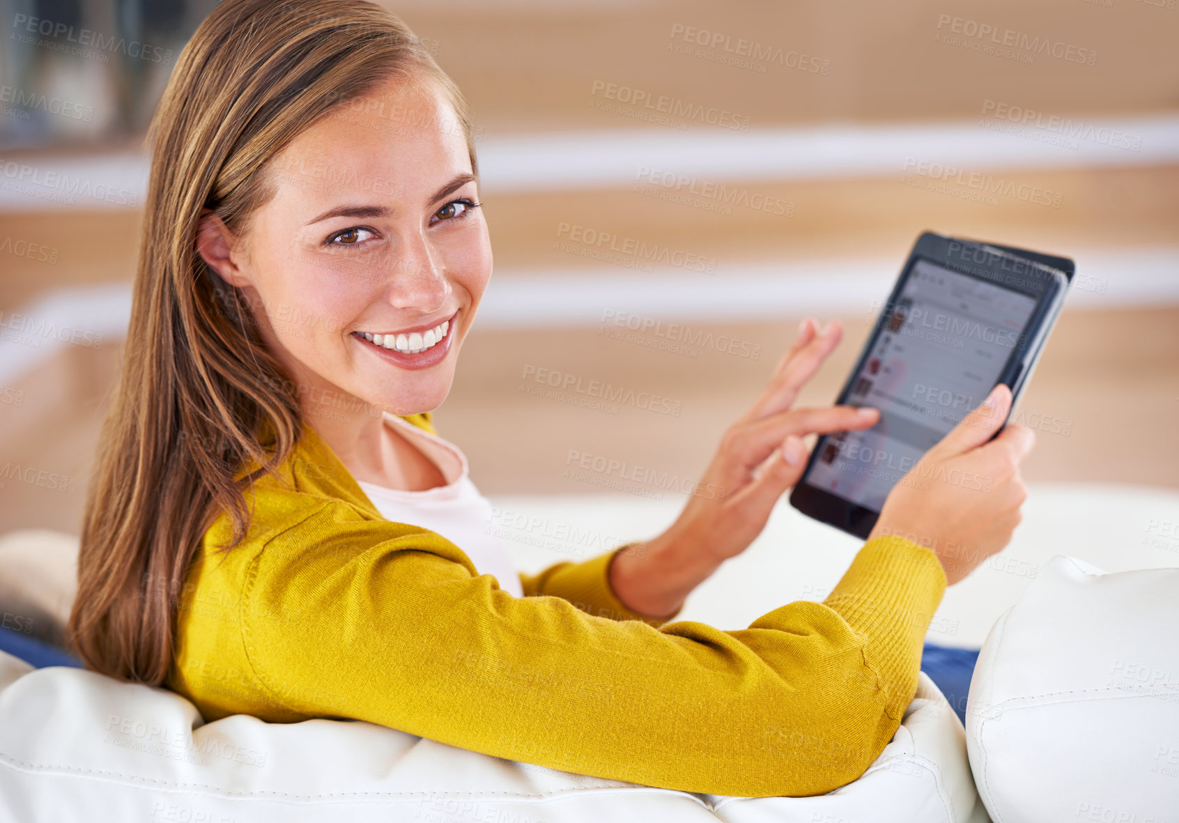 Buy stock photo Portrait, smile and woman with tablet in living room for relax, social media or communication in apartment. Happy, technology and face of female person for internet search, networking or news article