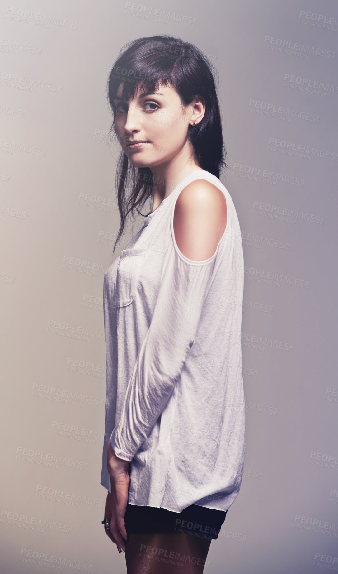 Buy stock photo Portrait, tattoo and culture with woman, rebel and punk rock on a grey studio background. Heavy metal, artistic and model with confidence and proud with edgy person and trendy with ink and creativity