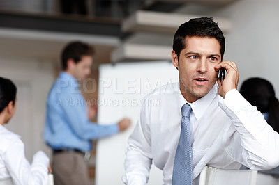 Buy stock photo Phone call, business and man in office, surprise and discussion for b2b deal, network and shocked. Opportunity, happy employee and consultant with smartphone, mobile user and announcement with bonus
