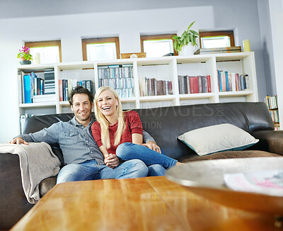 Buy stock photo Portrait, woman and man with hug in home for weekend as couple with happiness, relationship on couch. Married people, comfortable and cheerful in bonding for break, together or peace for love