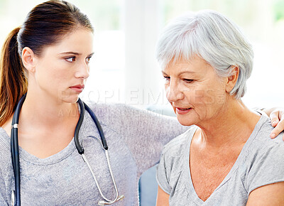 Buy stock photo Bad news, results and nurse with senior woman in living room for medical test, cancer diagnosis or comfort in retirement home. Depression, caregiver and elderly patient for support, sympathy or help