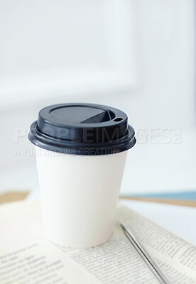 Buy stock photo Coffee, business newspaper and empty office with table at workplace or company at startup. Cup, drink or news journal on desk for paperwork report, document or pen for article in room interior design