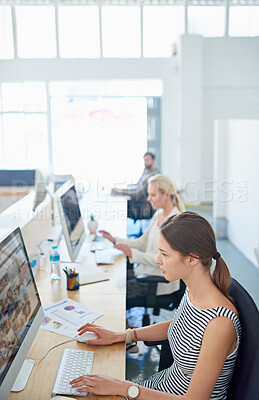 Buy stock photo Business people, computer or web design in coworking office, studio or startup company. Thinking women, technology or website homepage of portfolio ideas, project research or creative teamwork vision