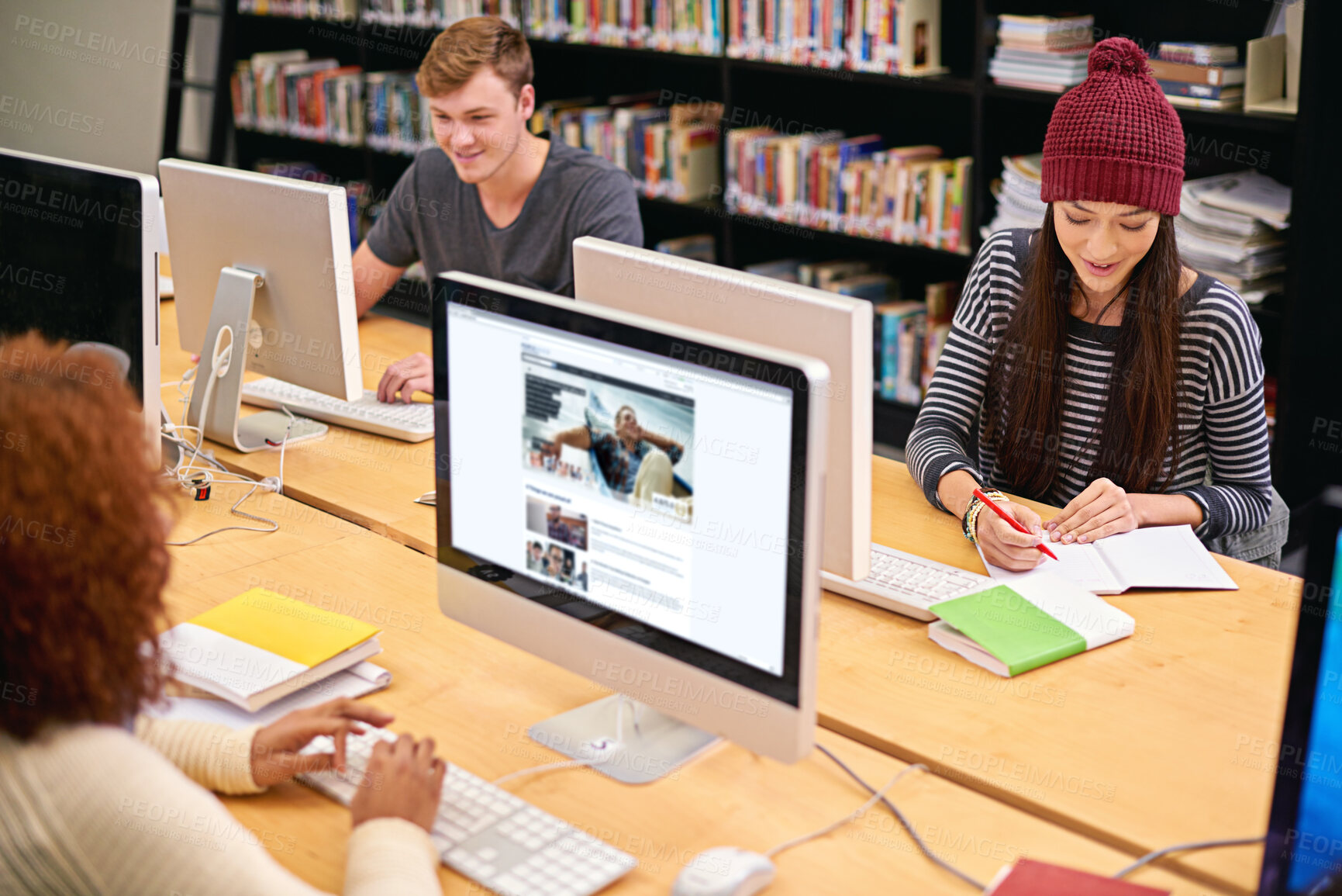 Buy stock photo Students, computer and books in library for study, education and university quiz with monitor screen. People, technology and notes on school campus for college, research and learning with scholarship