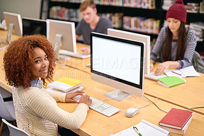 Buy stock photo Portrait, woman and library with computer at university for education, learning or research project. Online, scholarship and student with friends for internet, knowledge or working on assignment