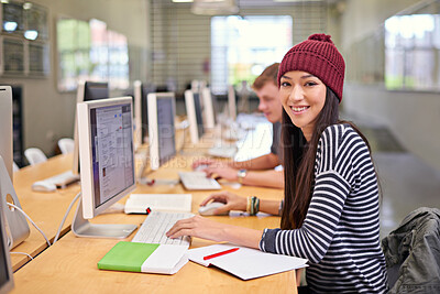 Buy stock photo Happy woman, portrait and library with computer at university for education, learning or project. Online, scholarship and student at desk for browsing internet, knowledge or working on assignment