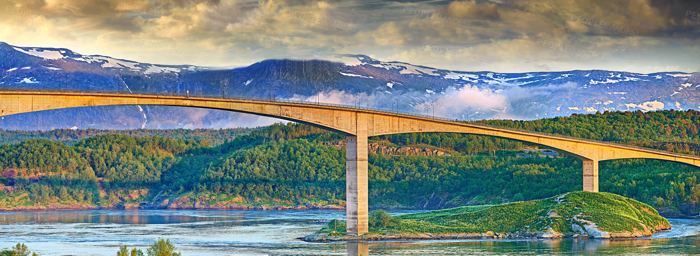 Buy stock photo Water, bridge or landscape of mountains with natural environment or countryside in Norway. Horizon, calm lake or scenic view of Europe in remote area for outdoor travel, holiday and vacation break