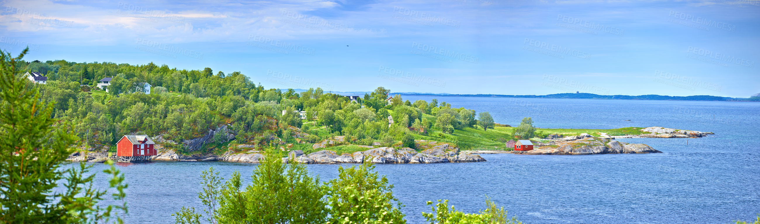 Buy stock photo Landscape, water and mountains with environment, travel and Norway with sunshine, clouds and earth. Empty, blue sky or outdoor with plants, natural aesthetic or banner with wallpaper or getaway trip