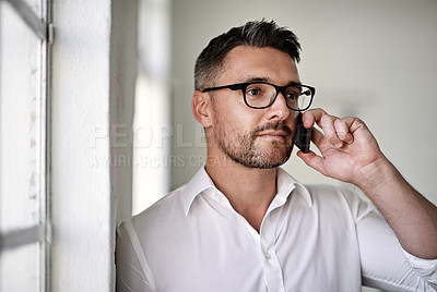 Buy stock photo Businessman, phone call and networking for legal deal, consulting and talking to client in office. Male person, negotiation and feedback discussion for review in workplace, attorney and listening