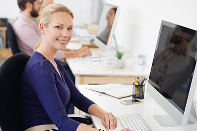 Buy stock photo Smile, portrait and woman, creative designer or employee in startup on computer. Face, entrepreneur and web design professional with pride for business career, job or success mindset for coworking.