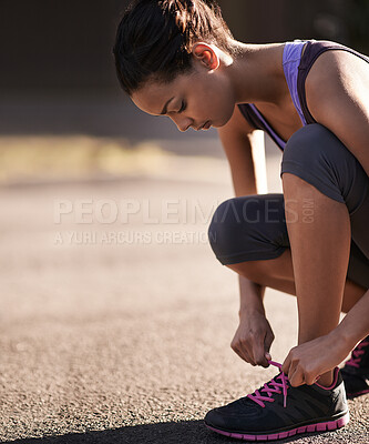 Buy stock photo Woman, road and shoelaces on shoe for run and fitness, training and marathon for workout. Sports, performance and athlete in nature for female person, sneakers and cardio exercise for wellness