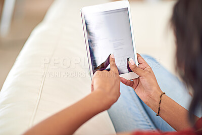 Buy stock photo Relax, video call and tablet with person on sofa for communication, contact and technology. Internet, networking and browsing with woman in living room at home for digital app, social media and blog