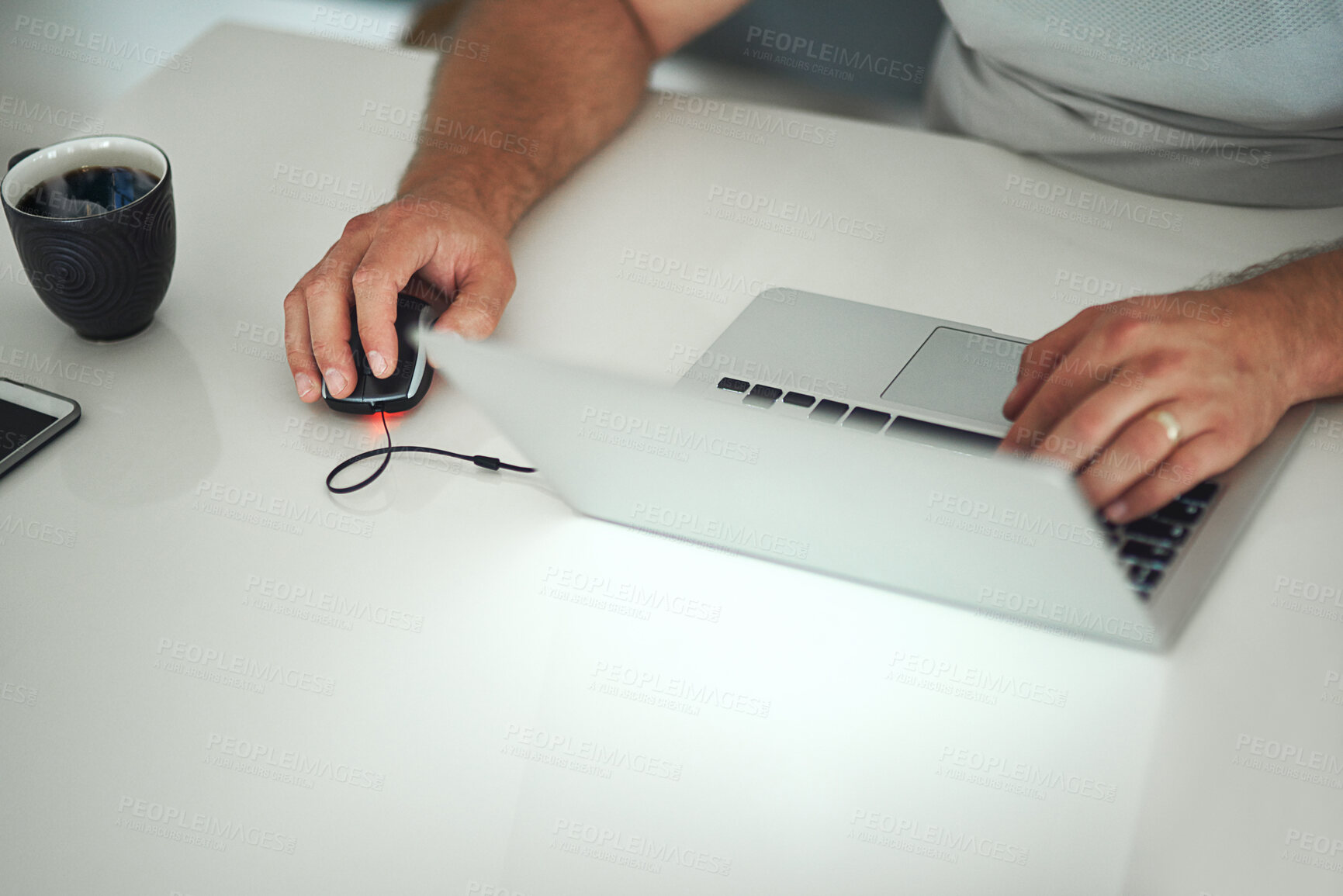 Buy stock photo Hands, laptop and business person typing email, planning research and online report at office desk. Closeup, office employee working on computer, digital software and network connection in company