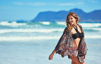 Buy stock photo Sea, sky and space with woman on beach in summer for holiday, travel or vacation to relax. Calm, smile and thinking with quiet person in bikini on coast by ocean or water for getaway, tourism or trip