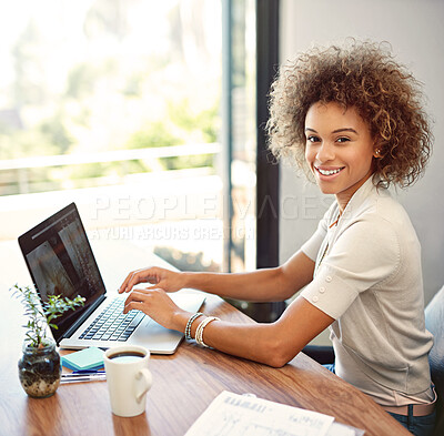 Buy stock photo Laptop, copywriter and smile in home office for information, research or ideas of company social media website. Portrait, business woman and digital for creative campaign, planning and publish review